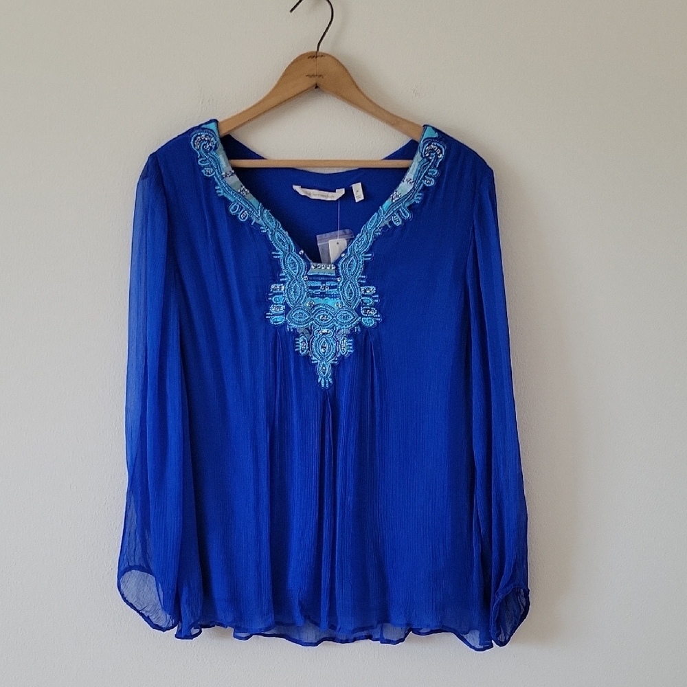 NWT Soft Surroundings Royal Blue Beaded Embroidered Layered Blouse Size Medium‎
